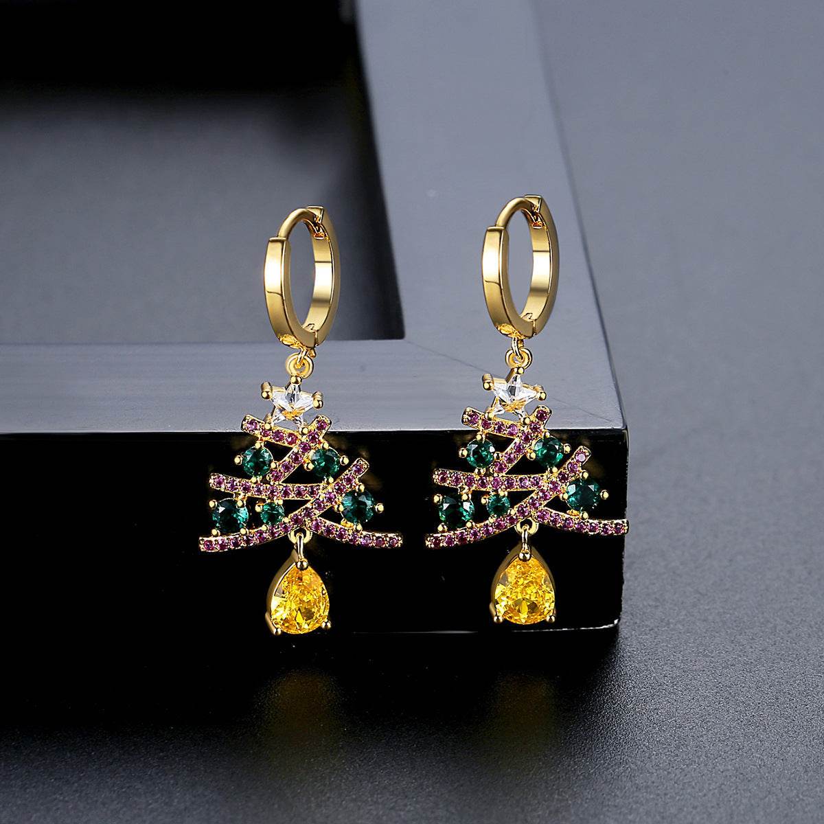 New Christmas Tree Earrings With Colorful Rhinestones Fashion Personality Shining Earrings Gift For Women Jewelry - Velora
