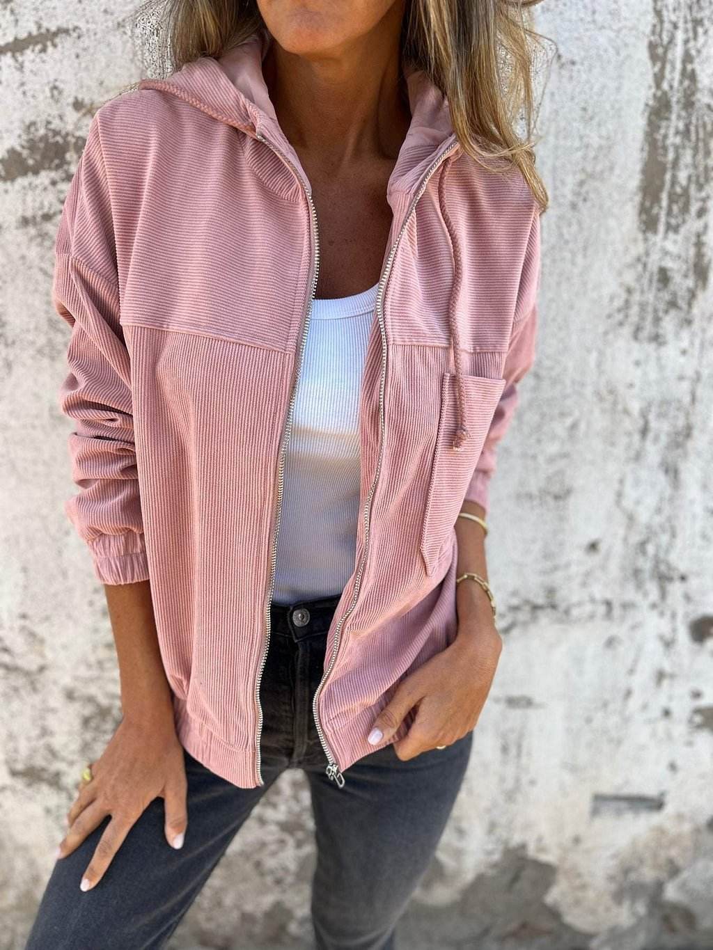Corduroy Hooded Zip-up Jacket With Pockets Fashion Casual Drawstring Tops Outerwear Women's Clothing - Velora