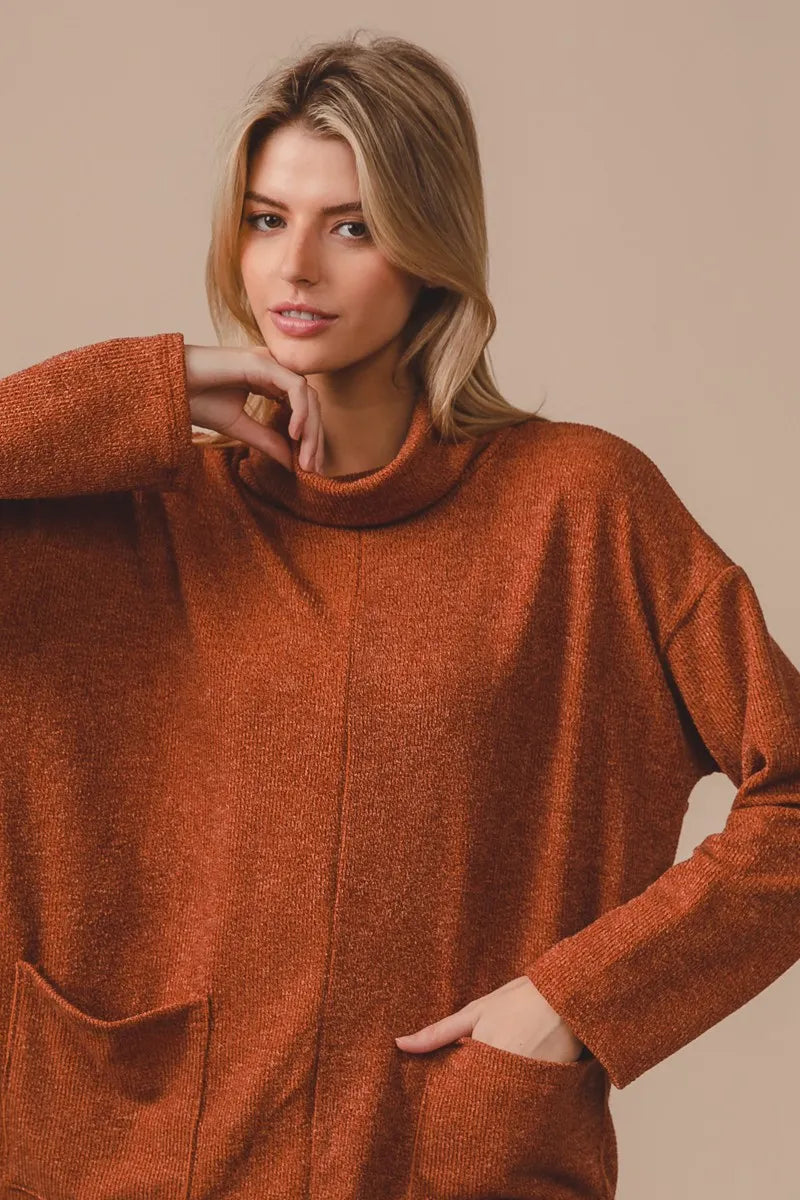 BiBi Piper Rib Double Pocket Turtle Neck Sweater - Velora