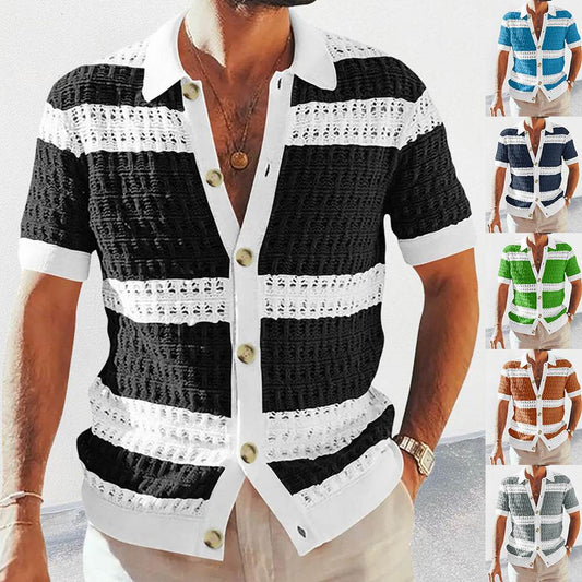 Summer Luxury Fashion New Knitted Shirt Men's Polo Neck Short Sleeve Colored Hollow Breathable Cardigan Men's Top Coat - Velora