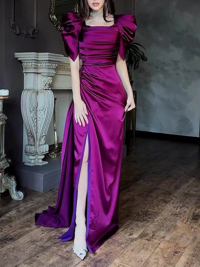 Elegant Puff Sleeve Pleated Slit Maxi Dress - Velora