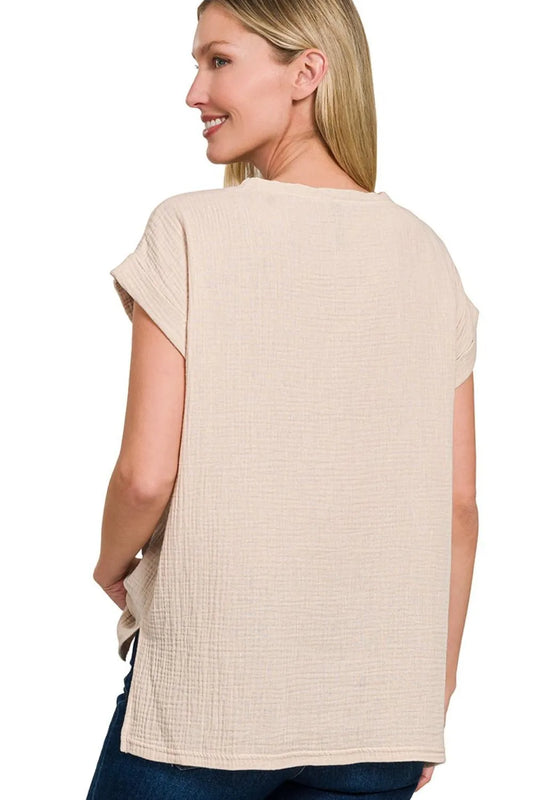 Zenana Double Gauze Round Neck Folded Short Sleeve Top - Velora