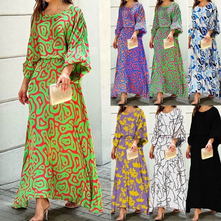 2pcs Women's Dress Suits Fashion Loose Printed Long Sleeve Top And High Waist Long Skirt - Velora