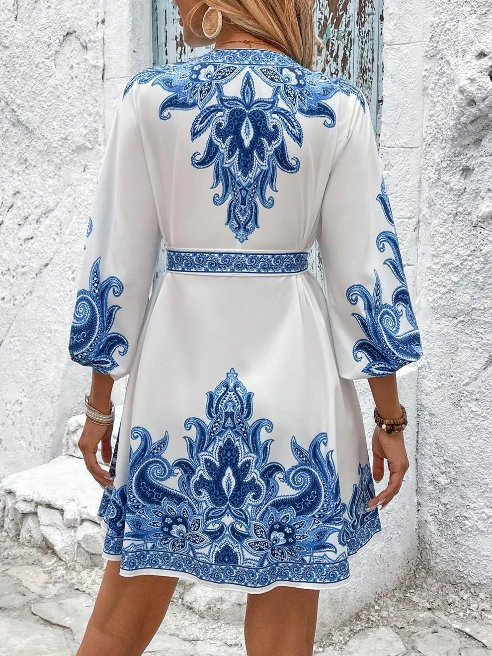 Paisley V-Neck 3/4 Sleeve Mini Dress - Velora