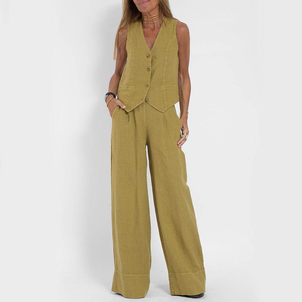 Summer Vest Suits V-neck Botton Sleeveless Top And Loose Straight Trousers Casual Womens Clothing - Velora