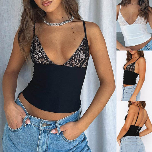 Women's V-neck Camisole Lace Vest With Back Zipper Design Summer Slim Sleeveless Tops - Velora