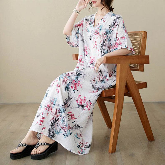 Women's Cotton And Linen V-neck Plus Size Loose Vacation Style Beach Skirt - Velora