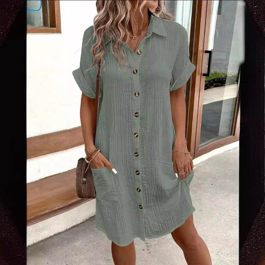 Summer Short Sleeve Shirt Dress Fashion Solid Color Single-breasted Mid-length Loose Dress - Velora