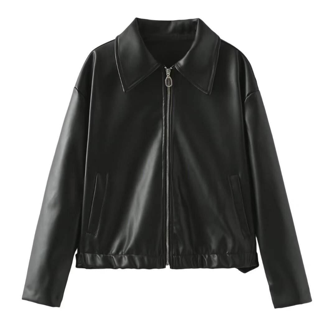 Solid Color Lapel Zipper Jacket Fashion Casual Long Sleeve Leather Coat Tops Women Clothing - Velora