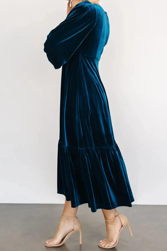 V-Neck Long Sleeve Midi Velvet Dress - Velora