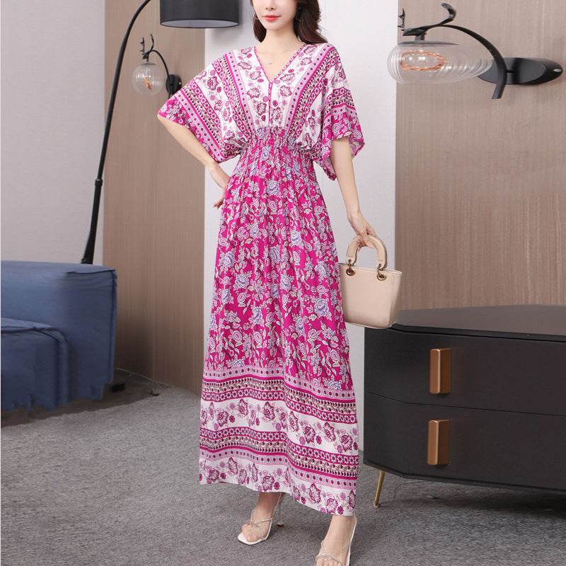Cotton Silk Floral Dress Women's Summer Ethnic Style V-neck Short Sleeve Pastoral Style Skirt - Velora