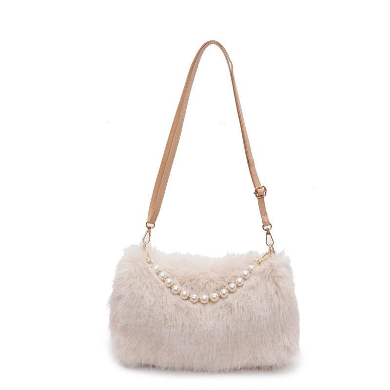 Autumn And Winter Fashion Shoulder Bags Pearl Chain Crossbody Bag Versatile Commuting Armpit Plush Female Bag - Velora