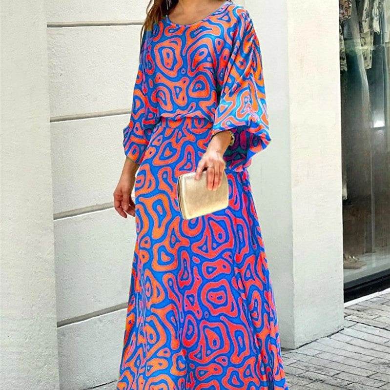 2pcs Women's Dress Suits Fashion Loose Printed Long Sleeve Top And High Waist Long Skirt - Velora