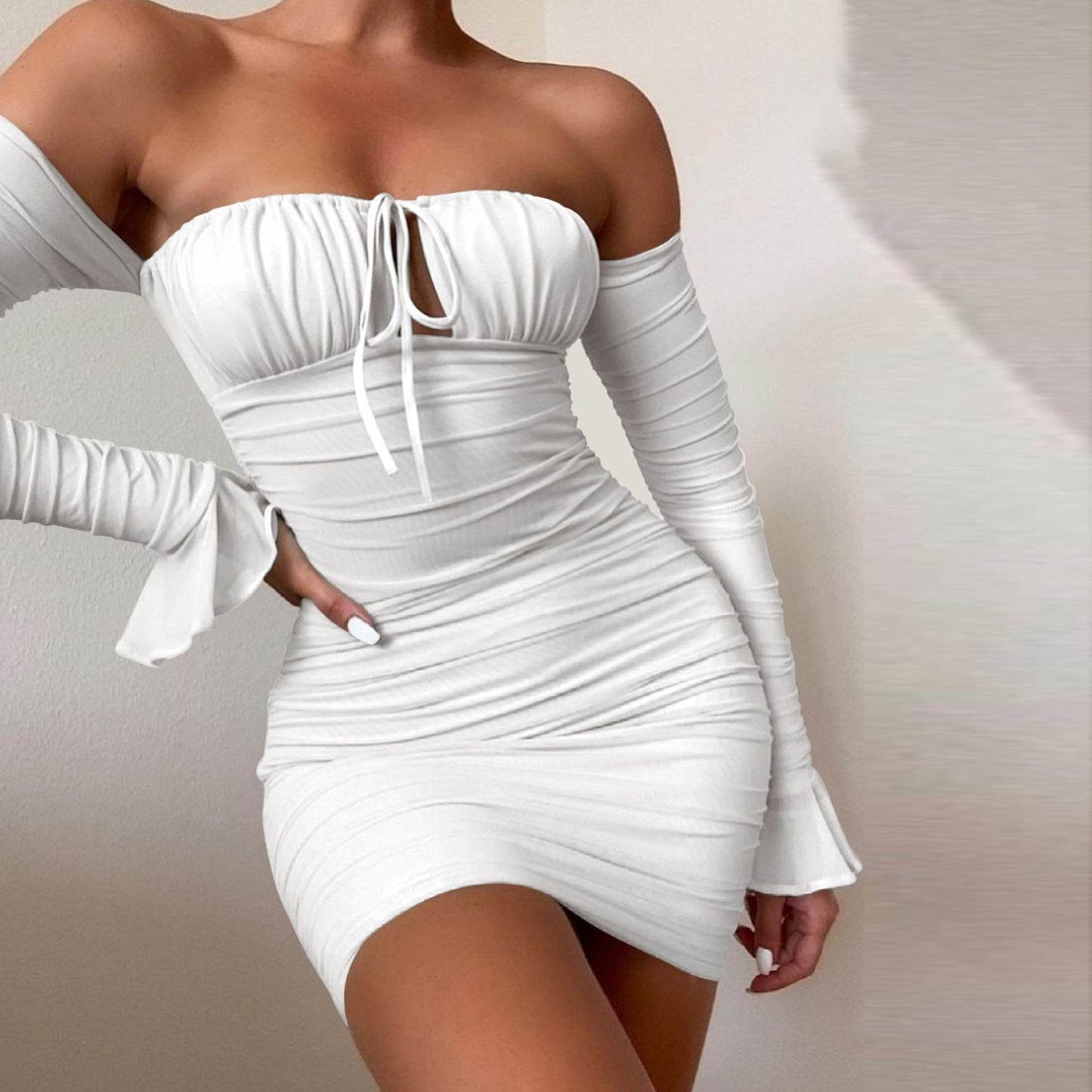 Fashion Slim Off-shoulder Long Sleeve Dress Sexy Tie Pleated Short Dresses Womens Clothing - Velora
