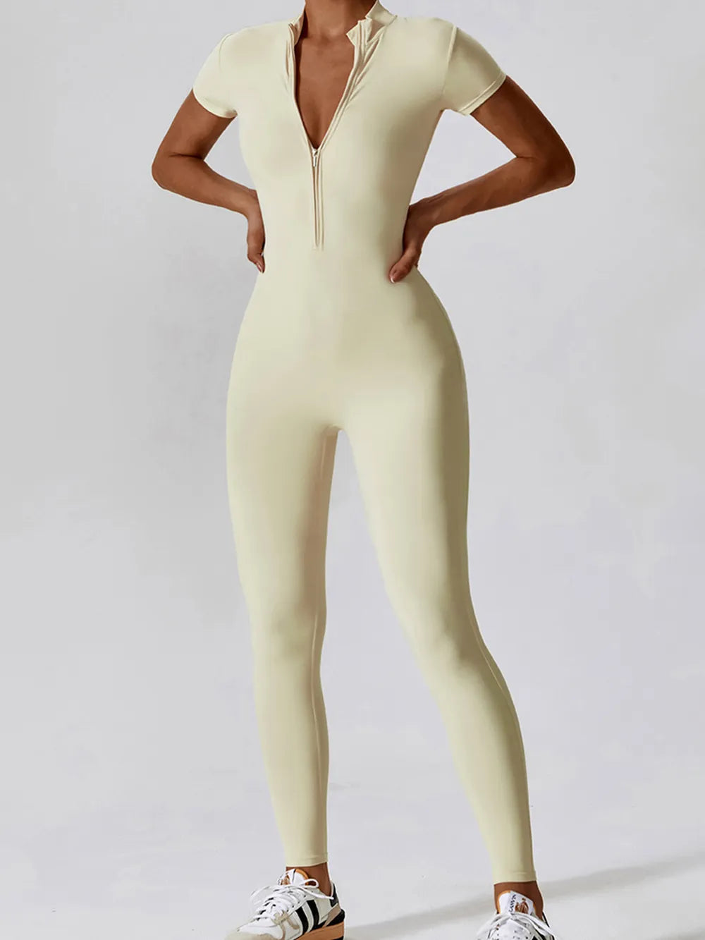Basic Bae Half Zip Short Sleeve Active Jumpsuit - Velora