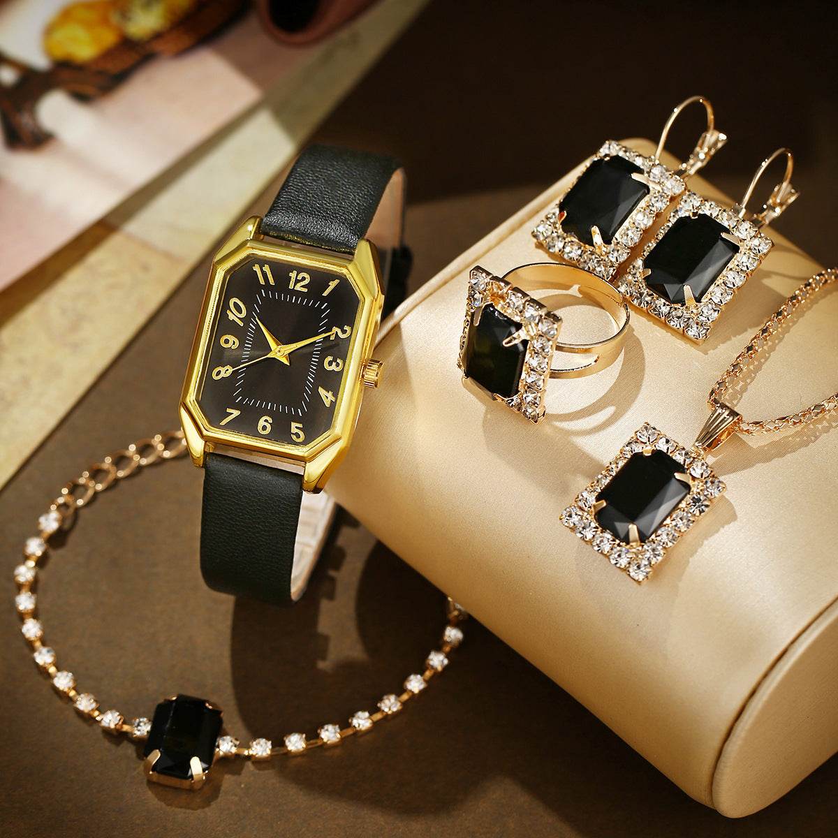 Leather Women's Watch Square Quartz Watch Korean Necklace Earrings Ring Set - Velora
