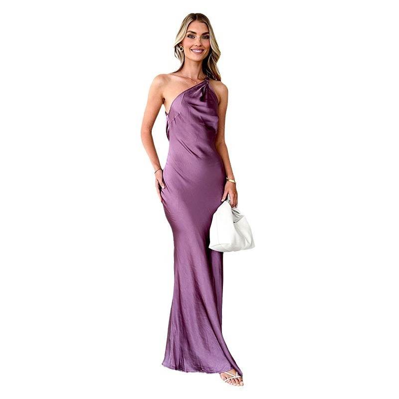 Trendy Sexy Diagonal Collar Sling Fashion Backless Dress - Velora