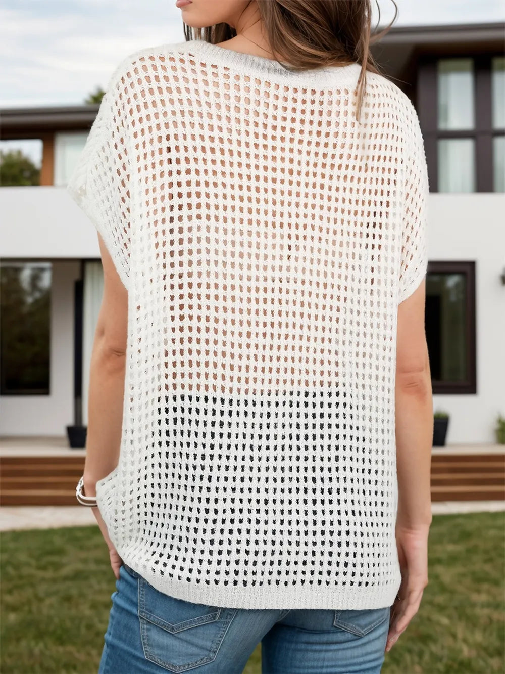 Openwork Round Neck Short Sleeve Cover-Up - Velora