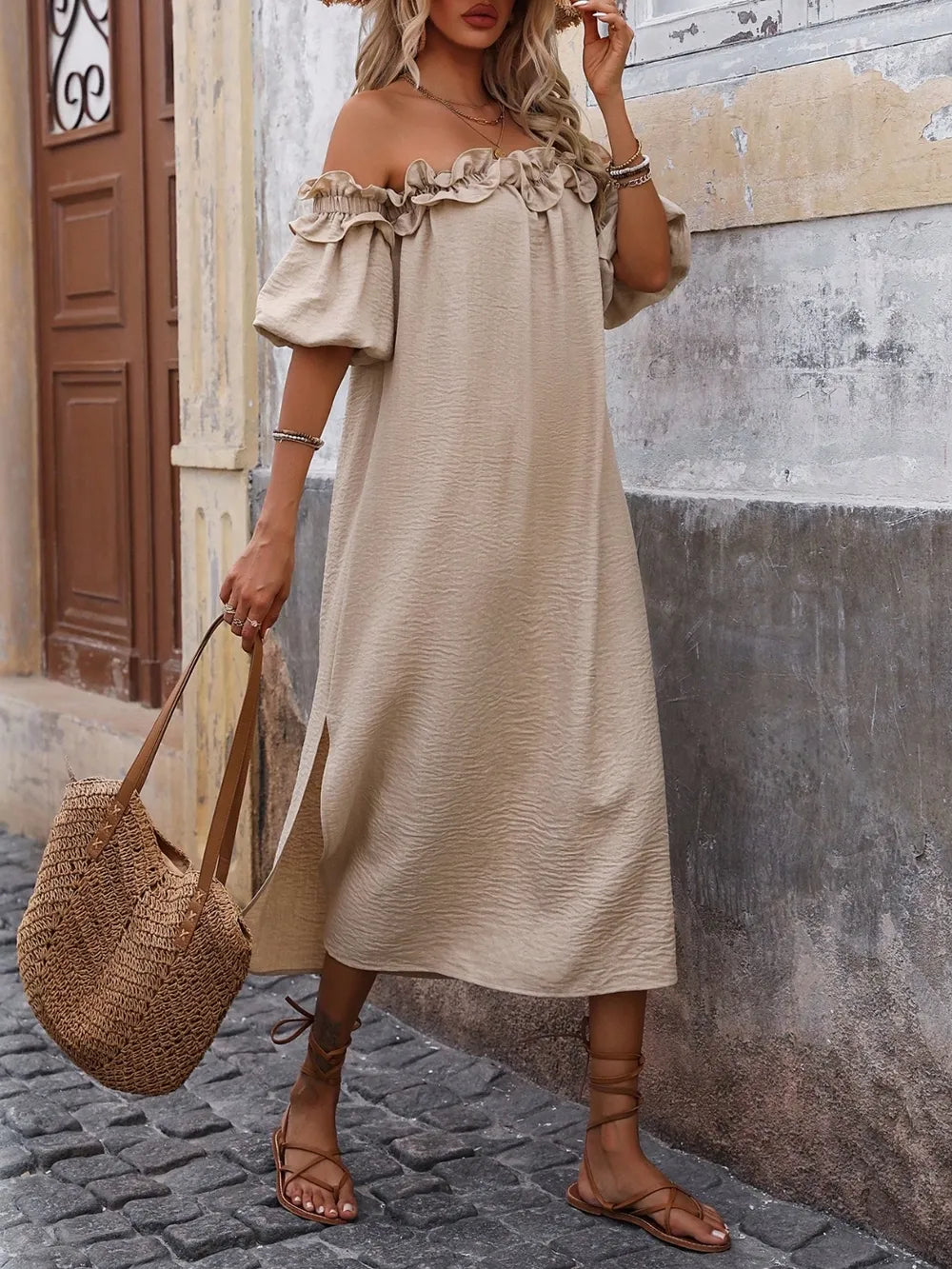 Ruffled Off-Shoulder Puff Sleeve Midi Dress - Velora