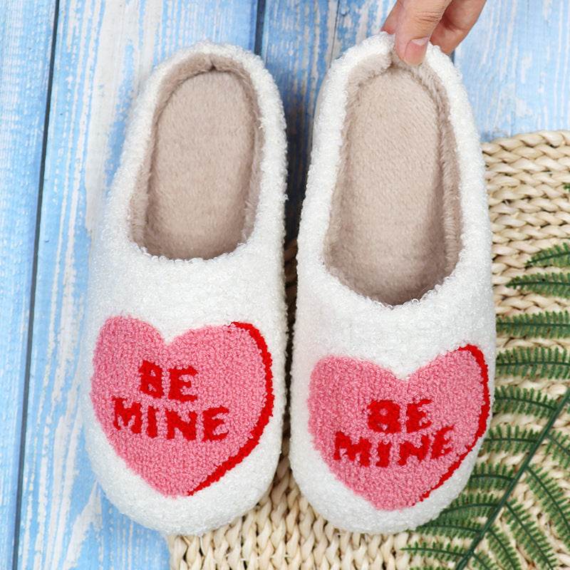 Valentine's Day Love Heart Cotton Slippers Spring AutumnWomen Indoor Slippers Man Cotton Non-Slip Soft Warm Slides Home Shoes Couple Female Simple Plush Slipper - Velora