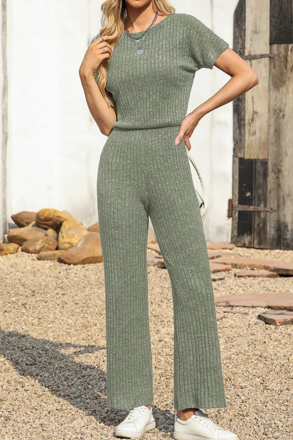 Ribbed Short Sleeve Wide Leg Jumpsuit - Velora