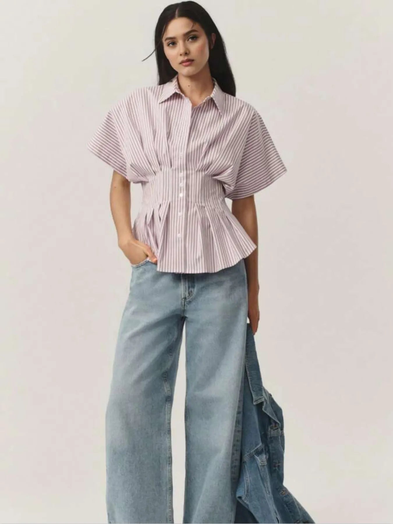 Striped Short Sleeve Button-Up Shirt - Velora