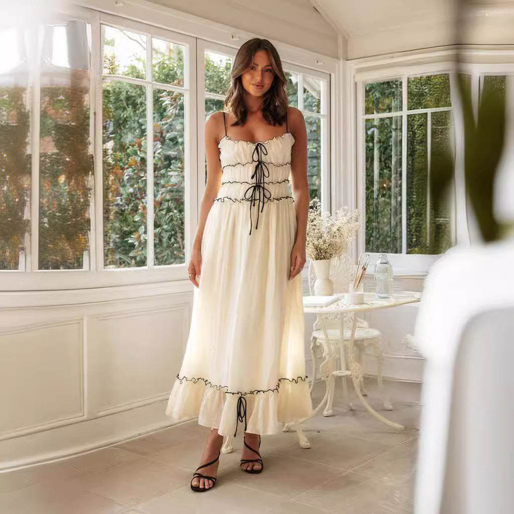 Summer Suspender Spaghetti Strap Long Dresses With Bow Pleat Design Fashion Sweet Bow Beach Dress For Womens Clothing - Velora