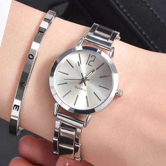 2pcs Narrow Strap Steel Strap Bracelet and Quartz Watch women