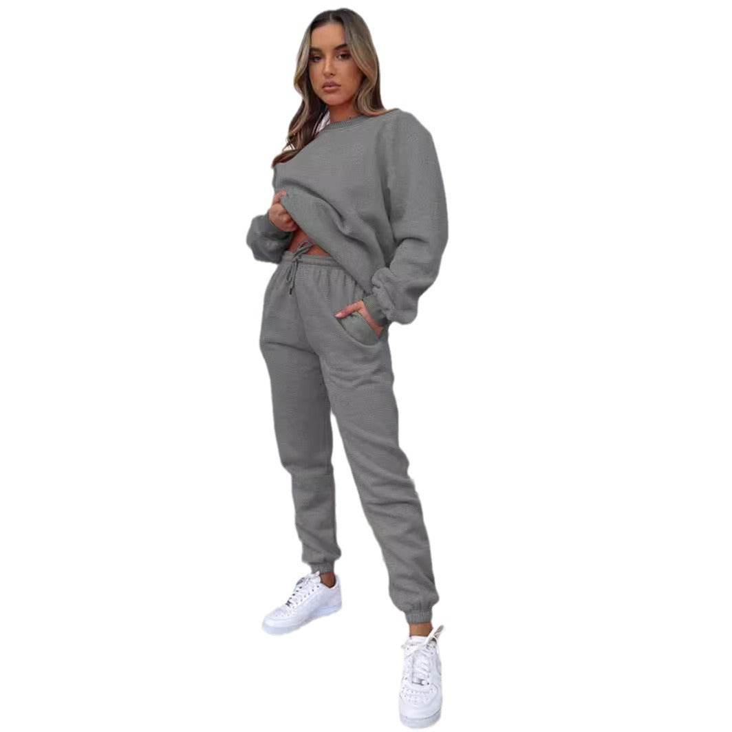 Women's Solid Color Round Neck Pullover Sweatshirt Pants - Velora