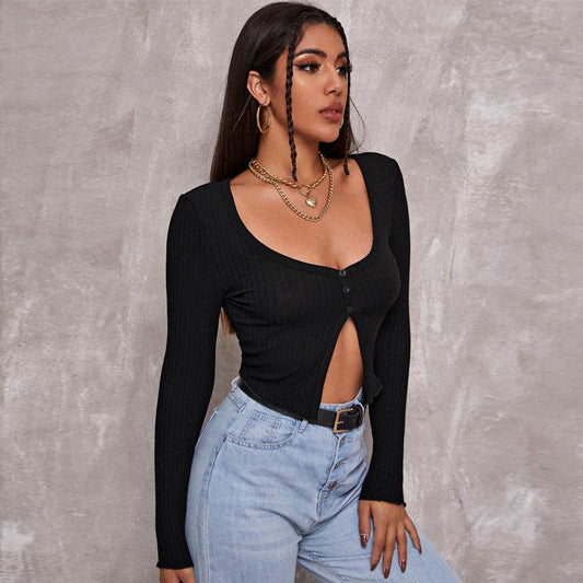 Short Sleeve Cropped Cardigan Top Sexy Button Knitted T Shirt - Velora