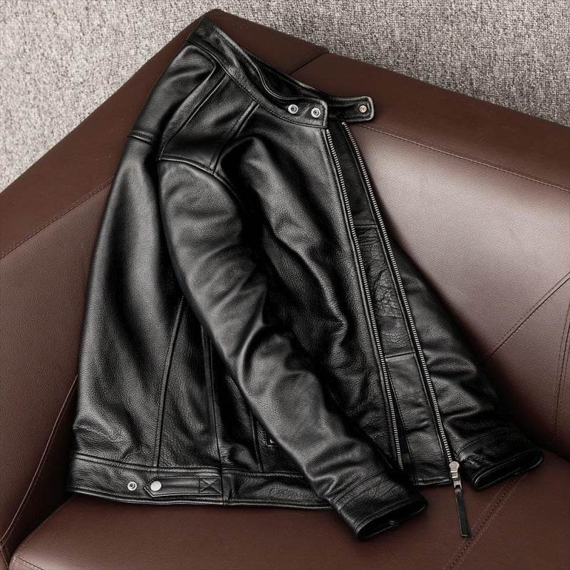 Leather Men's Stand Collar Leather Jacket Coat Youth - Velora