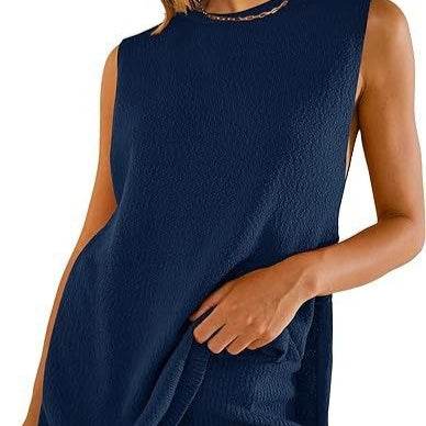 2pcs Women's Knitting Suit Summer Loose Round Neck Split Vest Top And Shorts Beach Clothing - Velora