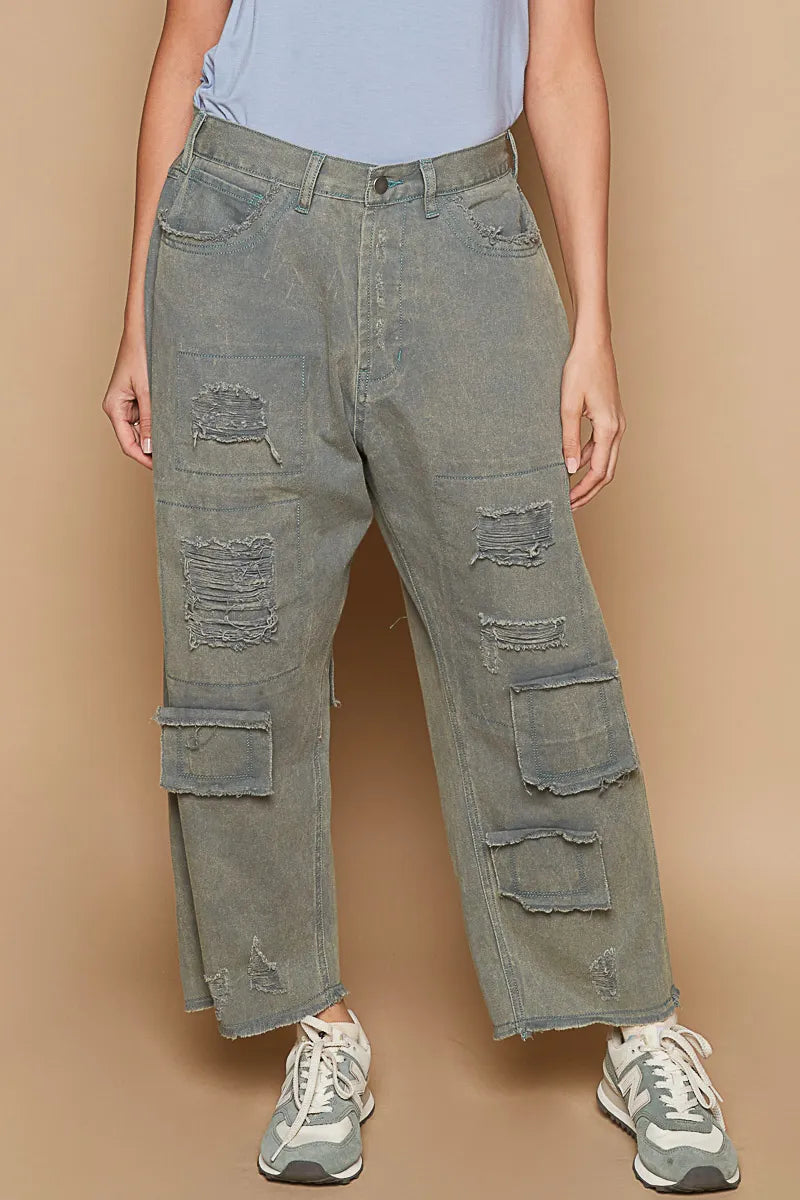 POL Distressed Raw Hem Wide Leg Pants - Velora