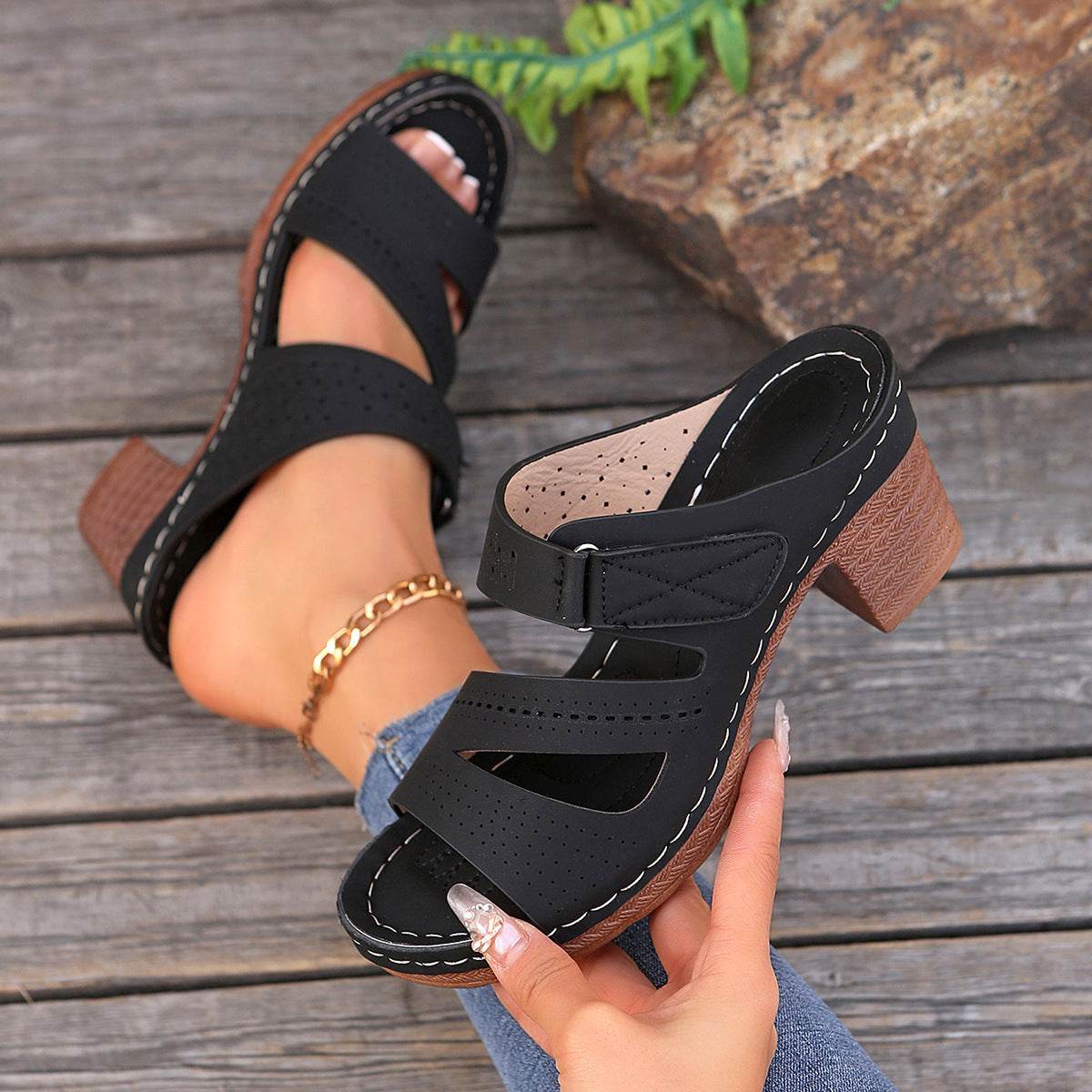 Square-heeled Peep-toe Slides Shoes Summer Casual Chunky Heel Sandals Solid Color Slippers - Velora