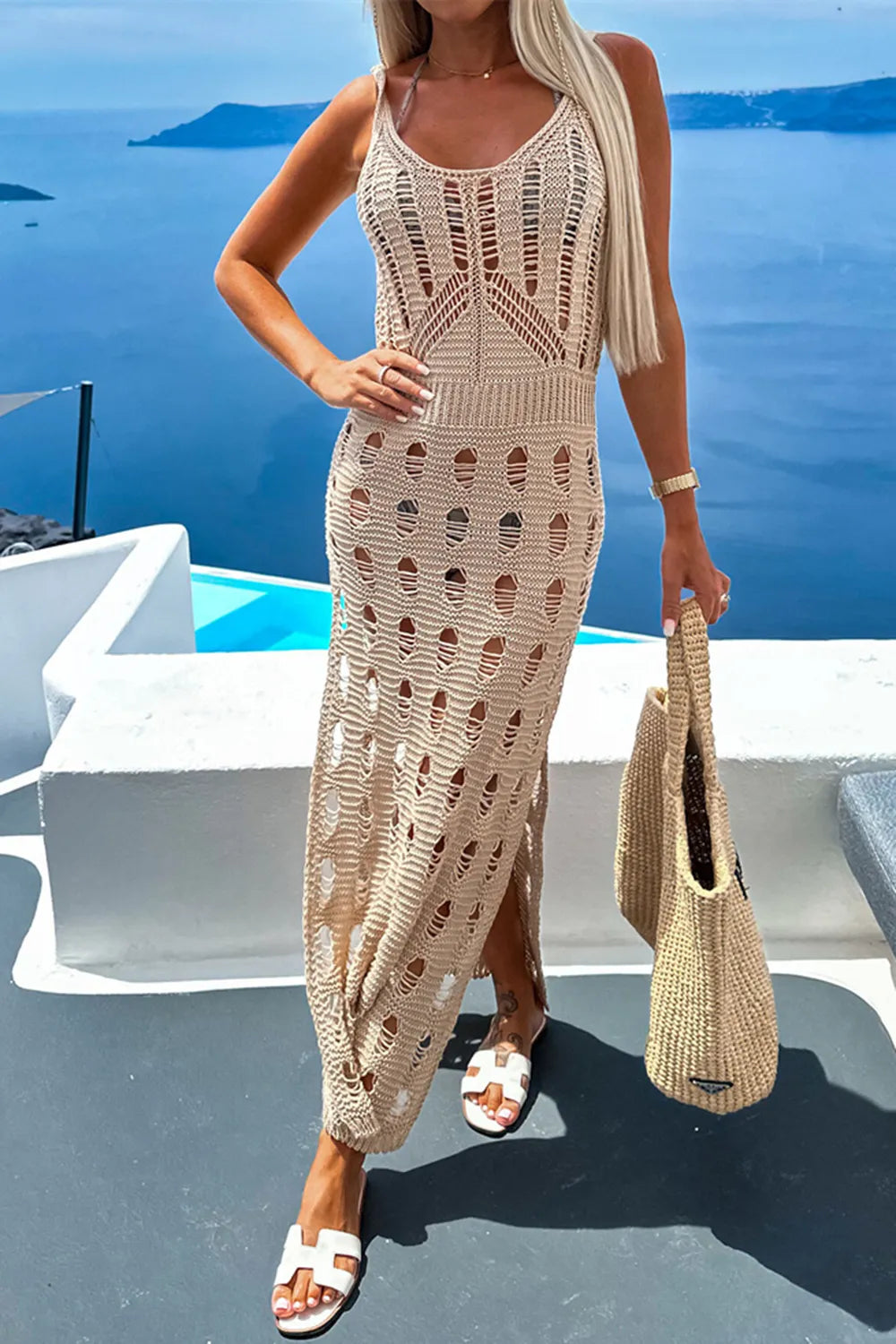 Openwork Slit Scoop Neck Sleeveless Cover Up - Velora