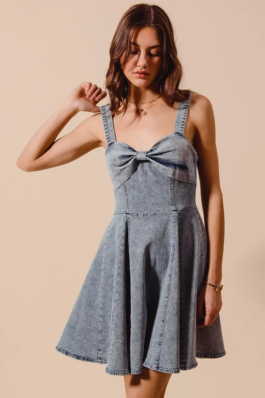 SO ME Mineral Washed Bow Ribbon Denim Flare Dress - Velora