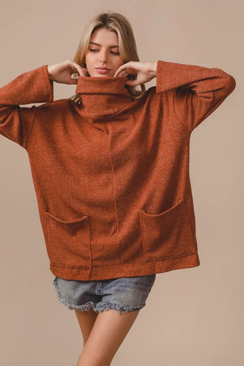 BiBi Piper Rib Double Pocket Turtle Neck Sweater - Velora