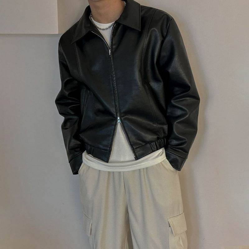 Cropped Leather Coat Male Polo Collar Top - Velora