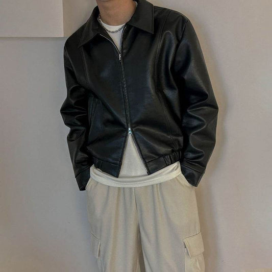 Cropped Leather Coat Male Polo Collar Top - Velora