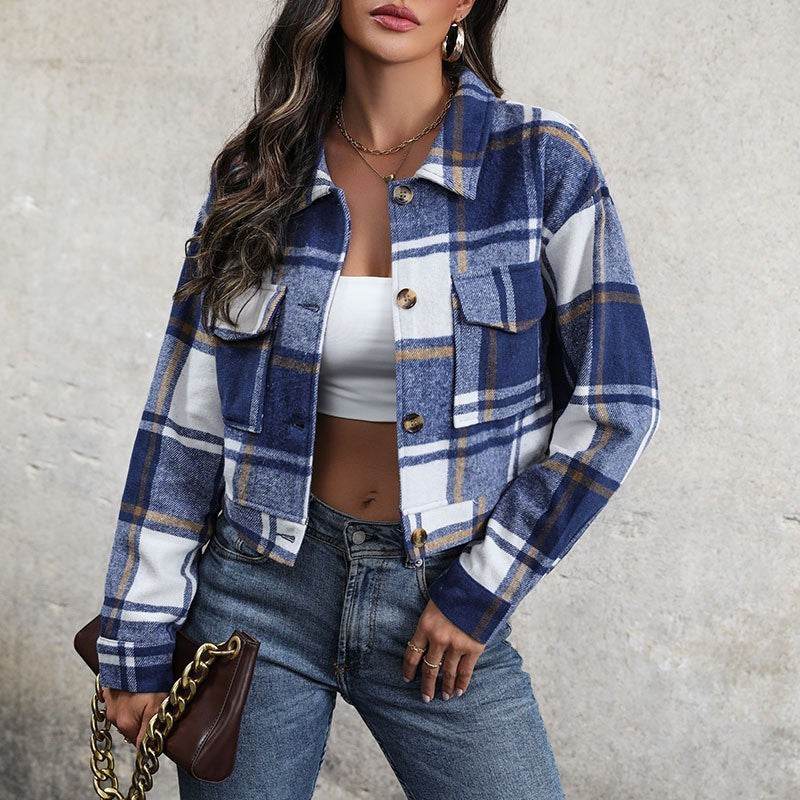 Plaid Lapel Cropped Jacket With Pockets Fashion Button Long Sleeve Short Outwear Tops Coat For Womens Clothing - Velora