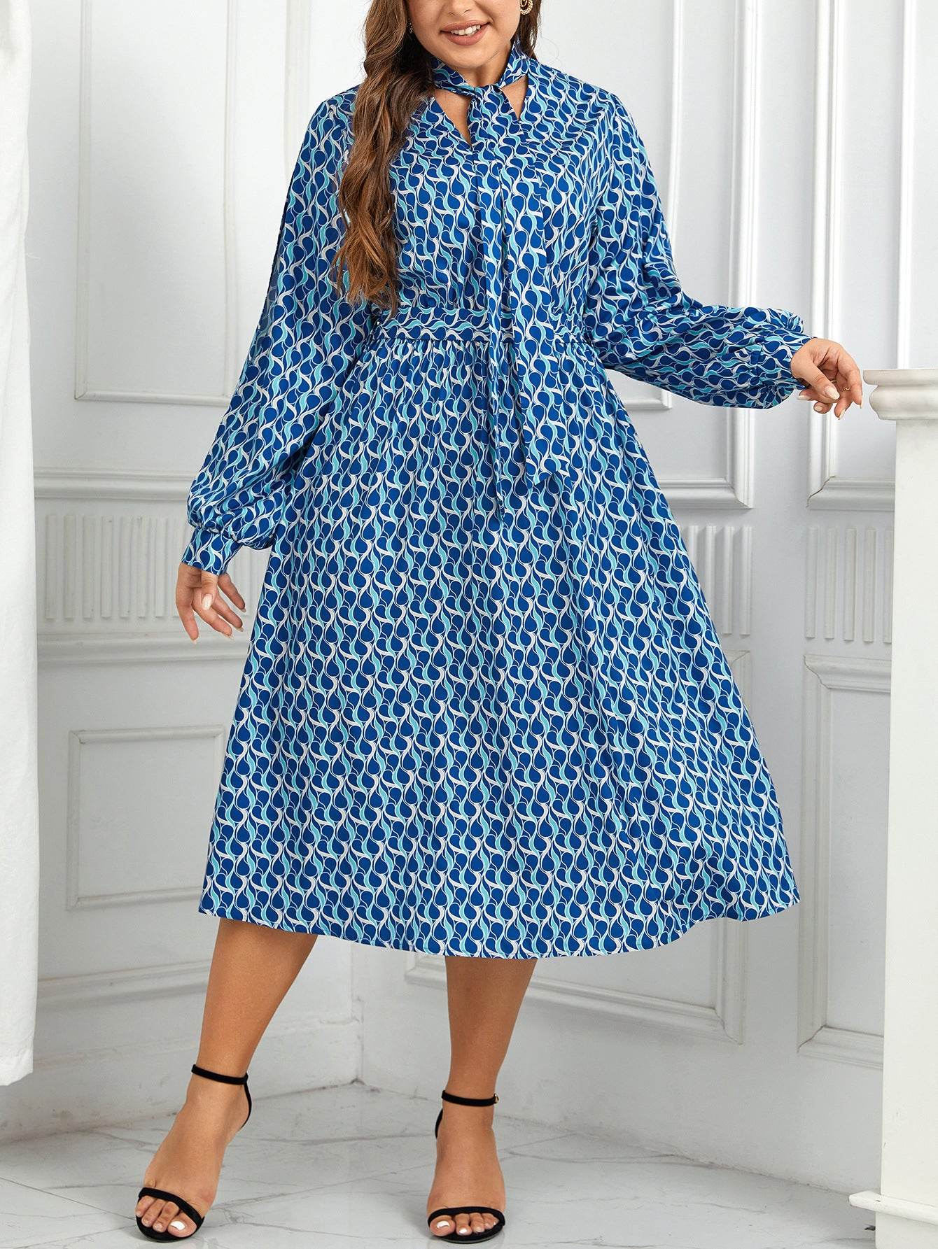 European And American High Waist Print Long Puff Sleeve Dress - Velora