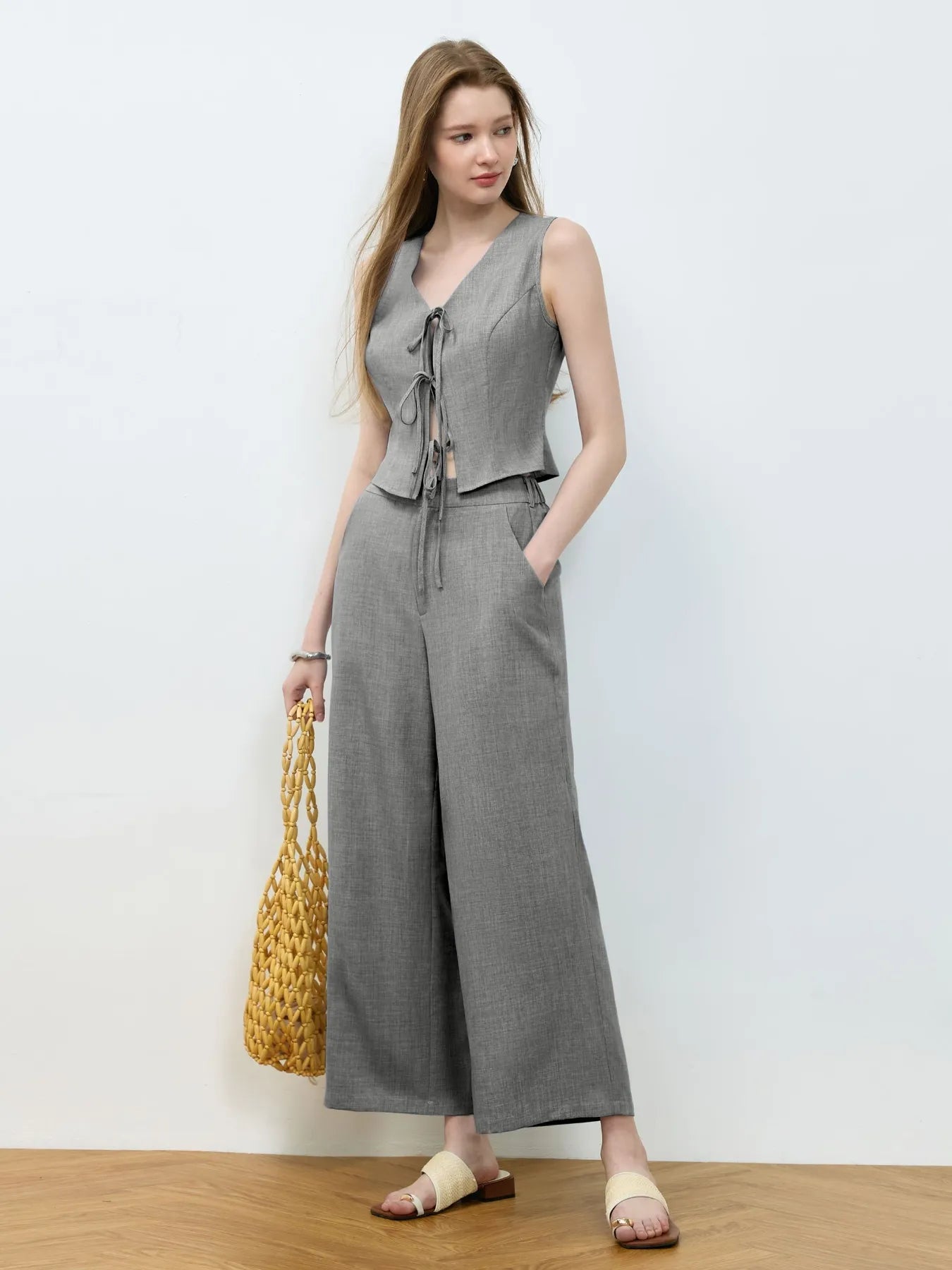 Tie Front Vest and Wide Leg Pants Set - Velora