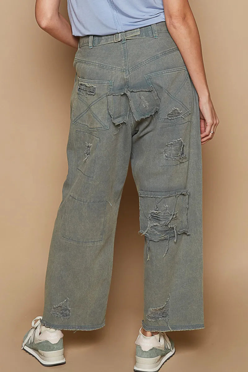 POL Distressed Raw Hem Wide Leg Pants - Velora