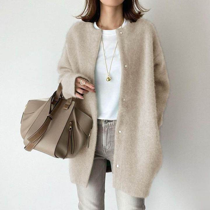 Loose Round Neck Single Breasted Cardigan Fashion Solid Color Coat Jacket Autumn And Winter Women's Clothing - Velora