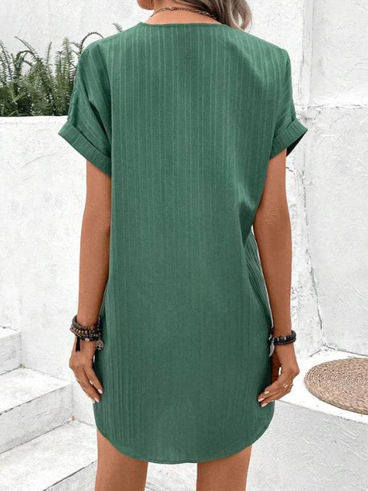 Fashion V-neck Short-sleeved Dress Casual Solid Strip Button Dresses Womens Clothing - Velora