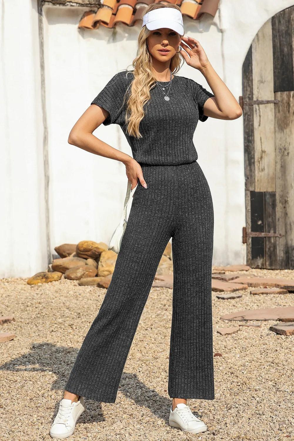 Ribbed Short Sleeve Wide Leg Jumpsuit - Velora