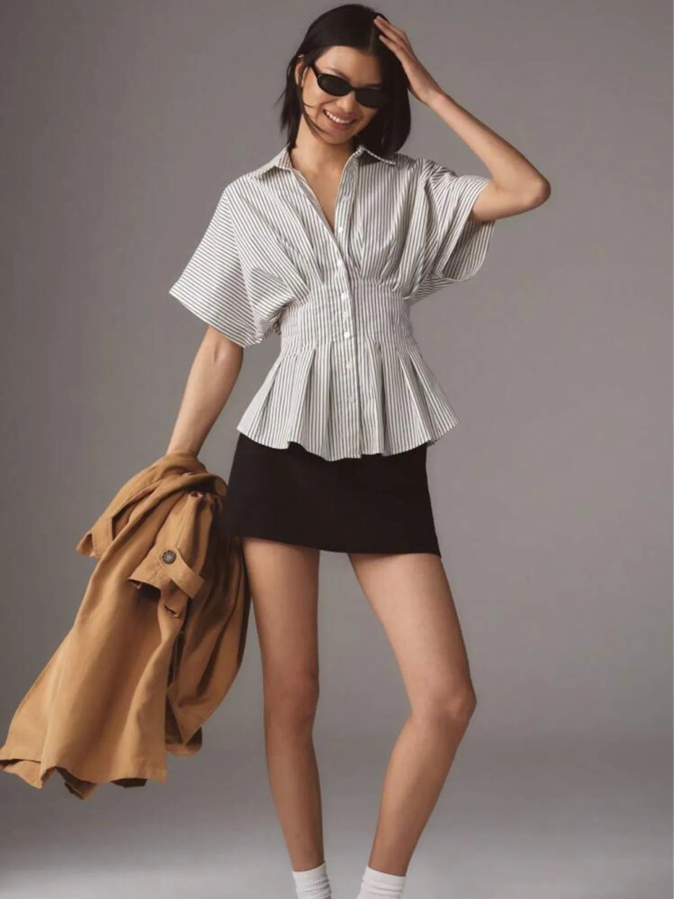 Striped Short Sleeve Button-Up Shirt - Velora