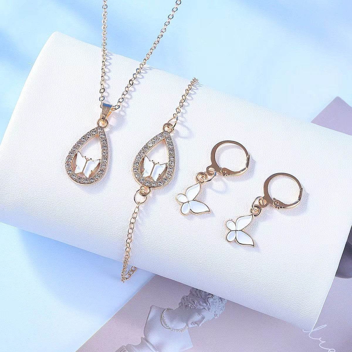 4PCS Set Luxury Women Butterfly Necklace Bracelet Earrings Drop Oil Diamond Jewelry For Girl Gift Jewelry Fashion Jewelry Set - Velora