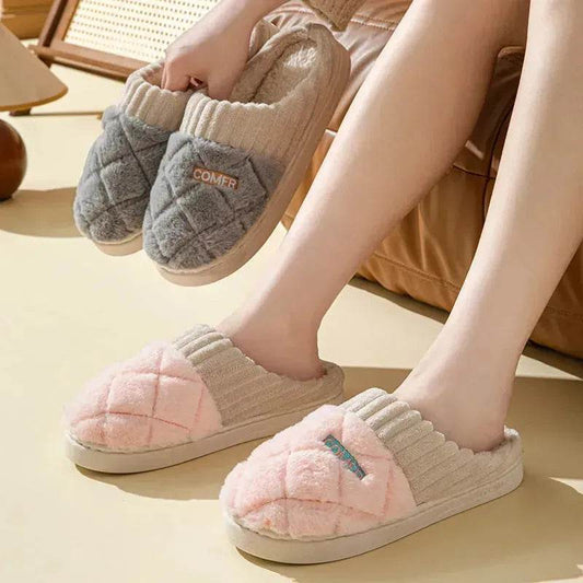 Solid Rhombic Letter Home Slippers Winter Warm Non-slip Floor Bedroom Plush Slipper For Couple House Shoes Women Men - Velora