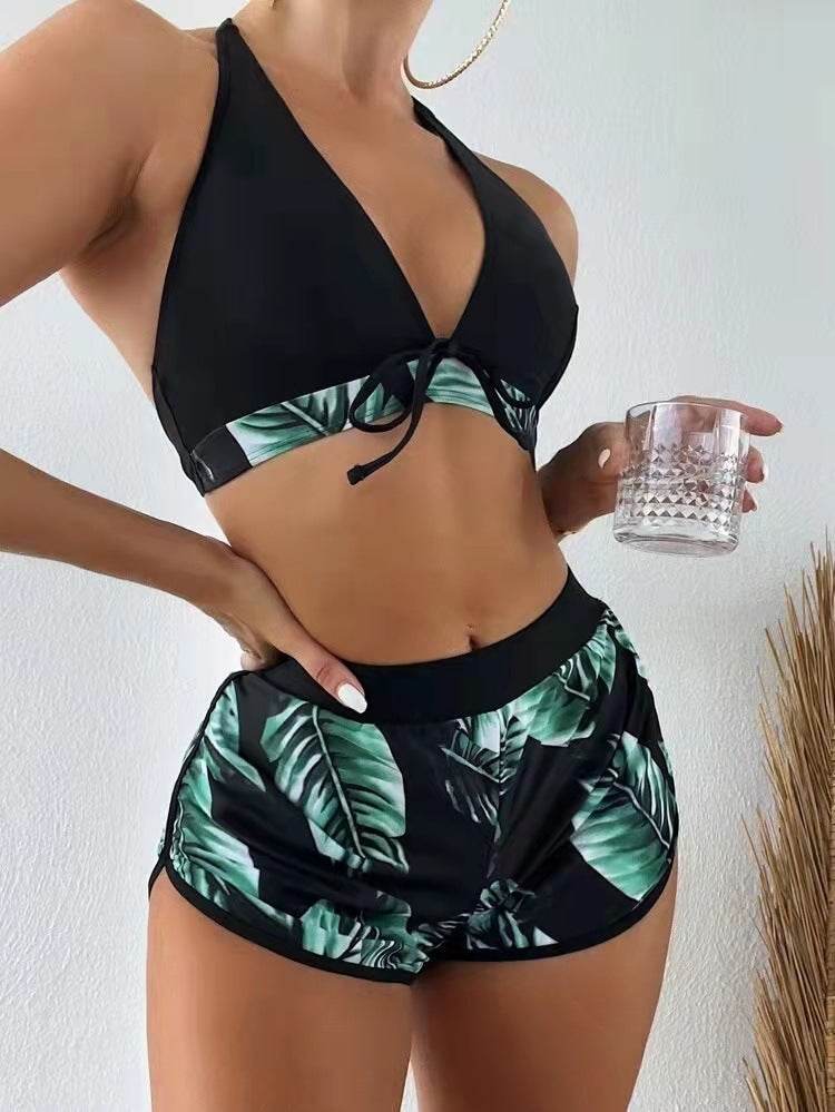 3pcs Leaf Print Bikini With Shorts Fashion Summer Beach Swimsuit Womens Clothing - Velora
